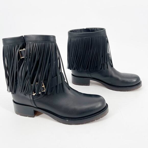 Valentino Garavani Black Leather Fringe Rockstud Biker Moto Combat Boot EU 37 - Picture 1 of 14